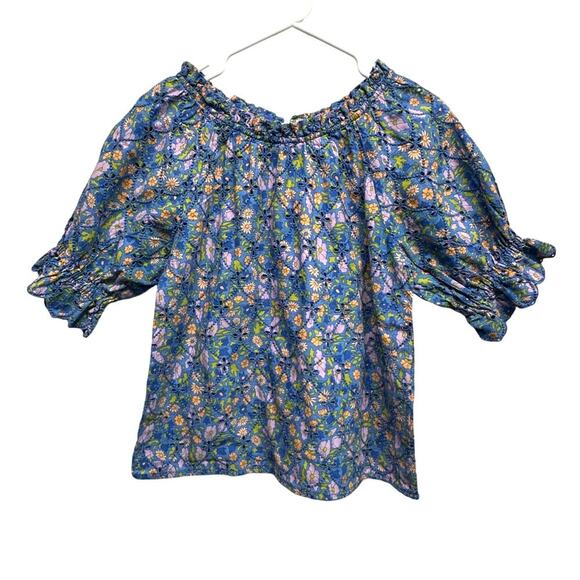 Jennifer Grace Blue Floral Eyelet Peasant Top Size M Boho Festival Resort - Picture 1 of 10